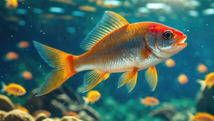 Aufkleber - Vibrant goldfish swimming gracefully in a sunlit underwater environment surrounded by colorful aquatic scenery
