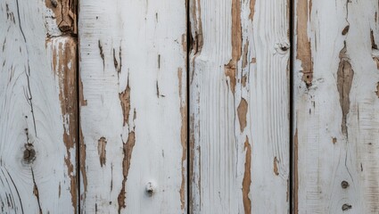 Poster - Weathered white wood texture with peeling paint and natural grain details for rustic design and interior decor applications.