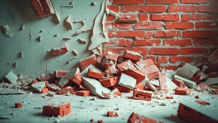 Poster - Deteriorating wall with peeling plaster and scattered red bricks creating a textured background for industrial or renovation themes.