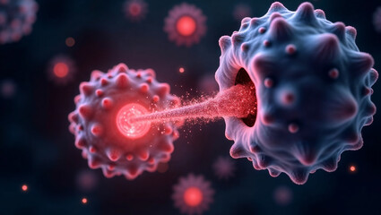 Poster - Two microorganisms actively interacting in a colorful and dynamic setting, displaying energy transfer through vibrant particles in a dark background