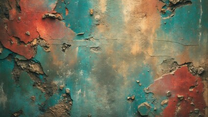 Poster - Aged textured wall with peeling paint in vibrant colors showcasing rustic charm and weathered beauty for creative design projects.