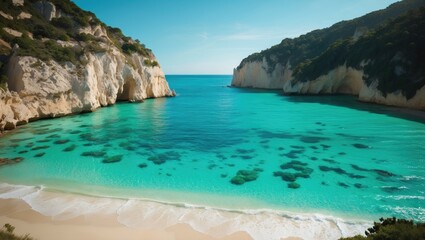 Wall Mural - Aerial View of Pristine Beach with Turquoise Waters and Serene Landscape Offering Space for Text or Graphic Elements