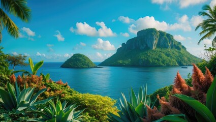 Poster - Serene Island View Surrounded By Lush Greenery And Clear Blue Sky With Space For Text Overlay In Tropical Paradise Setting