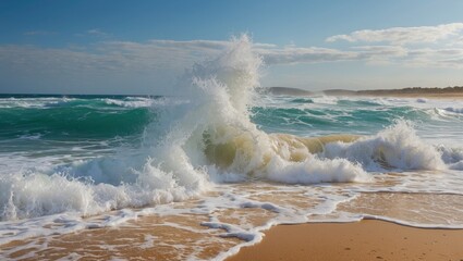 Wall Mural - Dynamic Ocean Waves Crashing on Sandy Shore with Clear Blue Sea Under a Bright Sky