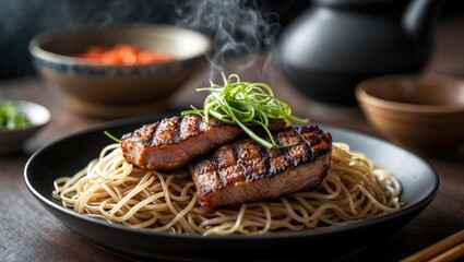 Aufkleber - Grilled Pork Served Over Noodles with Fresh Garnish and Steam Rising on Dark Wooden Table for Culinary and Food Photography Use