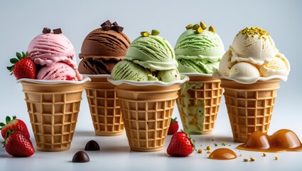 Poster - Collection of vibrant ice cream scoops in waffle cones featuring strawberry, chocolate, pistachio, vanilla, and caramel against a clean backdrop.