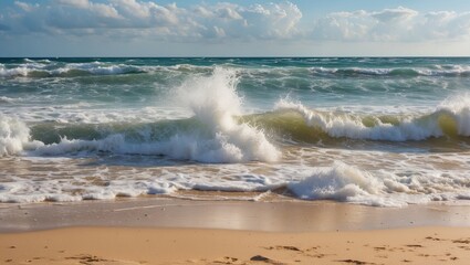 Wall Mural - Waves Gently Breaking On Sandy Beach With Clear Blue Sea And Soft Golden Sand Under Bright Sky Natural Coastal Landscape Scene