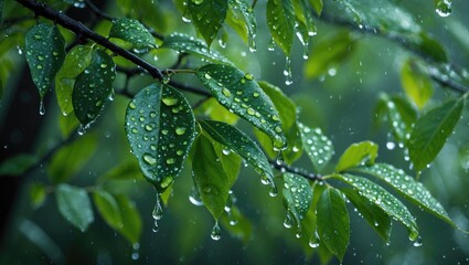Poster - Fresh Green Leaves Covered in Water Droplets with Gentle Rain Background Creating a Serene Natural Atmosphere in the Forest.