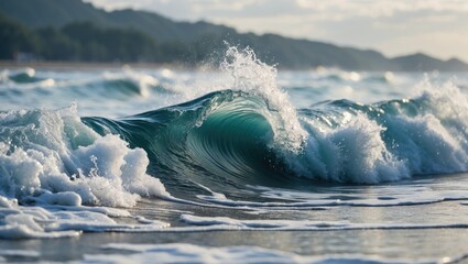 Poster - Crisp Ocean Wave Captured in Shallow Focus with Soft Background Ideal for Use as a Serene Background with Space for Overlaid Text