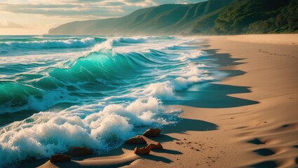 Poster - gentle ocean waves crashing on a sandy beach with a serene mountainous backdrop under a soft golden 