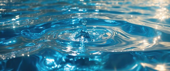 Aufkleber - Rippling blue water surface with sparkling highlights and a single water droplet creating concentric waves in a serene aquatic scene