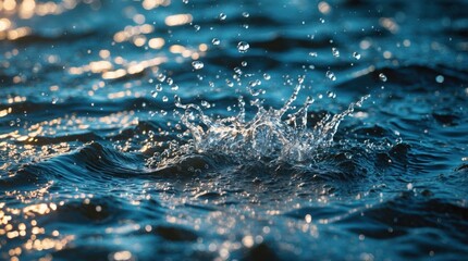 Poster - Rippled water surface with splashes and droplets illuminated by soft light, creating a serene and dynamic natural scene.