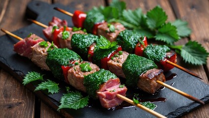 Aufkleber - Grilled Shashlik Skewers with Nettle Marinade and Fresh Vegetables on Slate Board, Ideal for Barbecue and Culinary Presentation