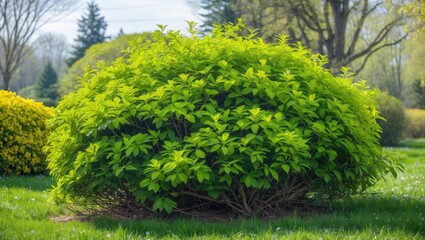 Poster - Lush vibrant green shrub showcasing spring and summer growth in a scenic garden setting with bright sunlight and soft grass.