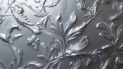 Aufkleber - Elegant silver foil background with intricate floral metallic texture and glossy finish for sophisticated design projects.