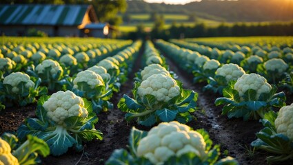 Poster - Cauliflower Farm Landscape Bathed in Evening Sunlight Rows of Fresh Vegetables in Rural Agriculture Setting Natural Farming Scene