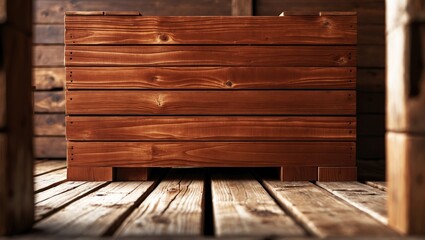 Aufkleber - New brown wooden crate on a rustic wooden floor offering space for text or message in a warm, inviting setting.
