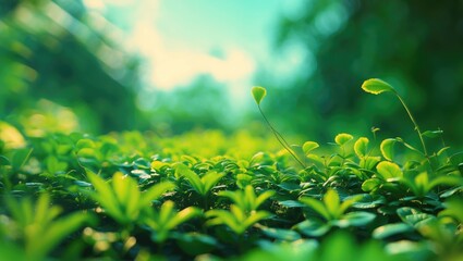 Poster - Lush green foliage with soft bokeh effect creating a serene and eco-friendly atmosphere in a nature-inspired background.