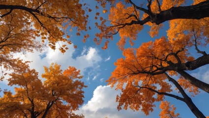Aufkleber - Vibrant autumn foliage framed by a bright sky showcasing nature's seasonal transition and the beauty of falling leaves.