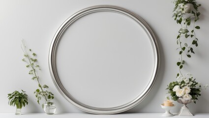 Aufkleber - Elegant silver round frame for artwork or mirrors isolated on a white background surrounded by delicate plants and flowers.