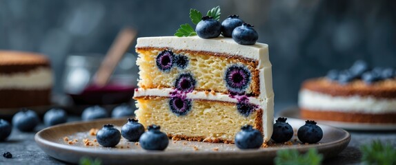 Poster - Delicious slice of layered cake with blueberries and poppy seeds served on a plate with a blurred background and space for text