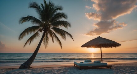 Aufkleber - Tranquil Sunrise Scene with Silhouetted Coconut Tree and Beach Bed on Serene Beach with Soft Waves and Empty Sky for Text Space