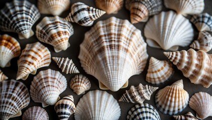Aufkleber - Diverse Natural Seashell Collection Displayed in Various Shapes and Patterns on a Neutral Background for Coastal Decor and Design Projects