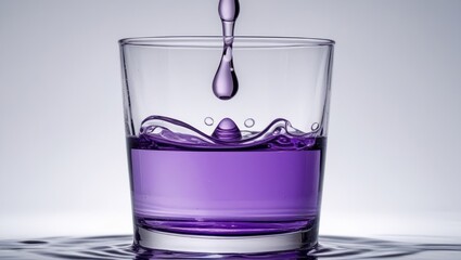 Poster - Violet water drop creating ripples in a clear glass against a minimalist white background showcasing color dynamics and fluid motion.