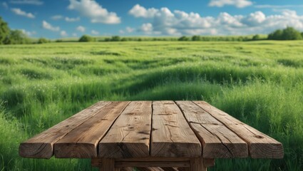 Aufkleber - Rustic Wooden Table On Lush Green Meadow With Blue Sky Ideal For Summer Outdoor Themes Nature Inspired Background With Tranquil Atmosphere