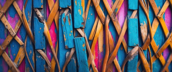 Poster - Worn vintage wood and wicker pattern background with vibrant blue and orange tones, ideal for rustic or retro design themes.