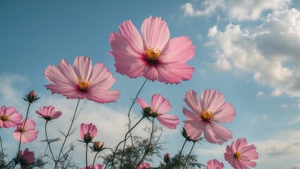 Poster - Delicate Vintage Pink Cosmos Blossoms Against a Serene Blue Sky with Soft Clouds