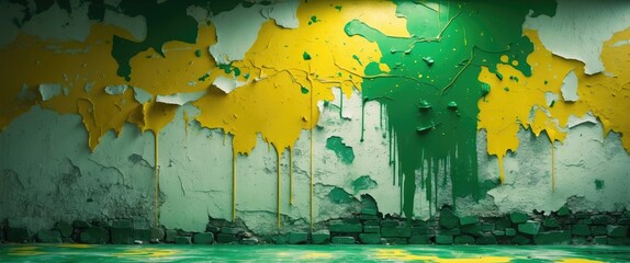 Poster - Grunge Wall Texture with Peeling Green and Yellow Paint Stains for Urban and Artistic Backgrounds