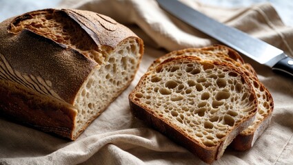 Aufkleber - Sliced rye sourdough bread resting on beige fabric with a knife highlighting its airy texture and rustic crust.
