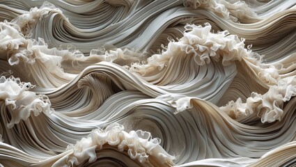 Poster - Elegant draped fabric textures with ruffled edges creating a wave-like pattern suitable for fashion or interior design backgrounds.
