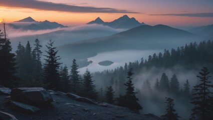 Poster - Misty Sunset Landscape Over Forested Mountain Slope With Evergreen Conifers And Serene Lake View At Height Of 2730 Meters