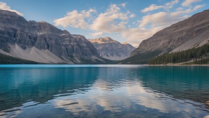 Poster - Serene Lake Reflection Surrounded By Rocky Mountains Under A Clear Sky With Space For Text Overlay