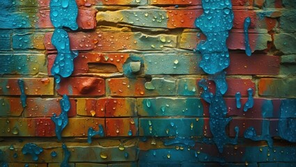 Poster - Colorful Wet Wall Textures with Rain Droplets on Vibrant Brick Surface