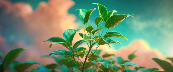 Aufkleber - Lush Green Plant with Small Leaves Against a Soft Cloudy Sky Background in Vibrant Natural Colors