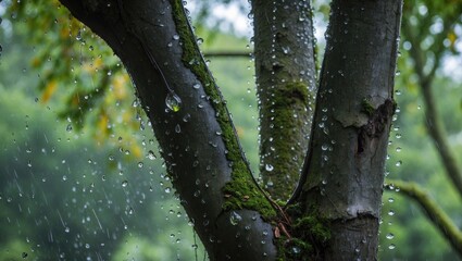 Poster - Dewy Tree Bark Showcasing Water Droplets After Rain Highlighting Nature's Freshness and Serenity