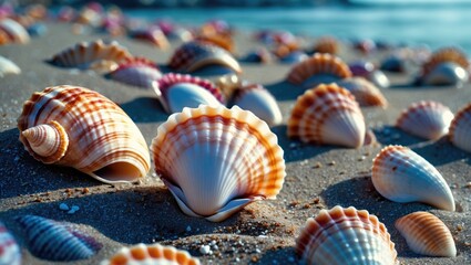 Aufkleber - Seashells scattered on a sandy beach with selective focus showcasing the intricate textures and colors of coastal marine life.