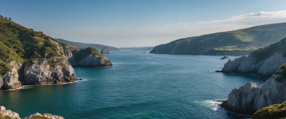 Wall Mural - Tranquil Coastal Landscape Overlooking Serene Sea Inlet with Lush Green Cliffs and Clear Blue Water Ideal for Scenic Background Use