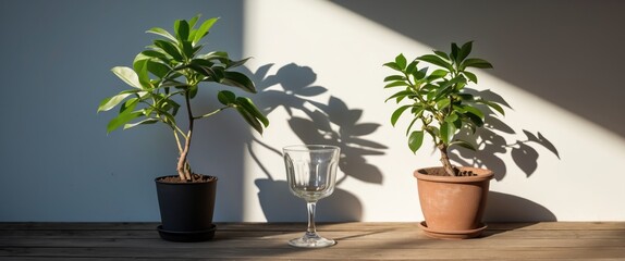Aufkleber - Elegant shadows of potted plants and a glass on a wooden table illuminated by sunlight creating serene indoor decor ambiance.