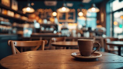 Aufkleber - Cozy coffee shop setting with a focus on an empty wooden table and a coffee cup, ideal for product display and promotional use.