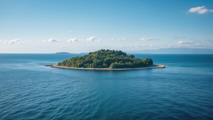 Wall Mural - Serene Coastal View of a Lush Green Island Surrounded by Calm Blue Waters Under a Clear Sky with Room for Text Overlay