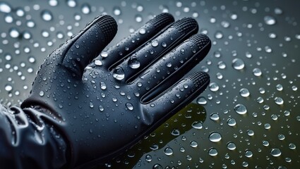 Poster - Water droplets on a black glove resting on a wet surface showcasing clarity and texture in a close-up view.