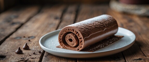 Aufkleber - Chocolate ice cream roll on a white plate with warm lighting featuring a rustic wooden table background and room for text or design.