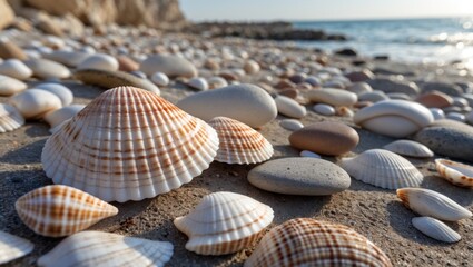 Aufkleber - Seashells and pebbles scattered on an idyllic beach shoreline in Akko, Israel during a tranquil December afternoon.