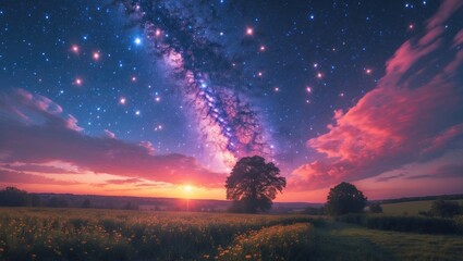 Poster - Stunning Night Sky Over Countryside with Vibrant Stars and Sunset Providing Space for Text or Captions