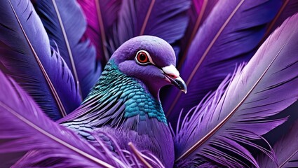 Poster - Vibrant violet feather pigeon showcasing detailed plumage against a colorful feather backdrop in a macro photography style.