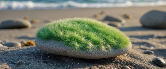 Poster - Green Textured Stone with Fuzzy Grass on Seashore Surrounded by Beach Pebbles and Ocean Waves in the Background